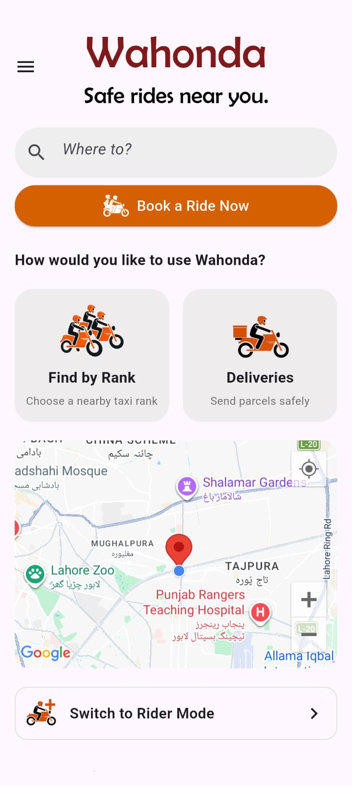 Wahonda — home screen with ride booking and map